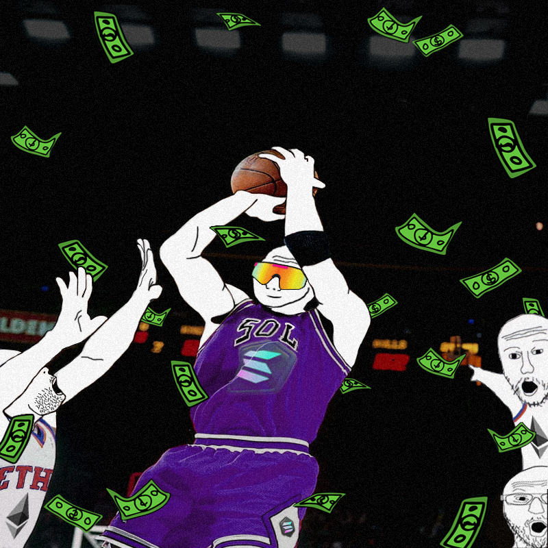 A basketball player in a Solana jersey shooting through a rain of cash